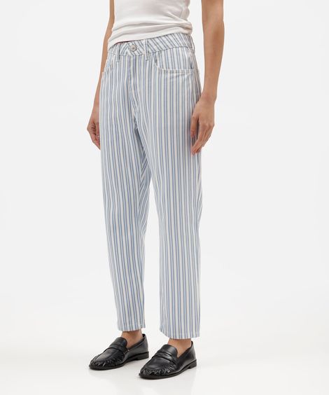 calça mom feminina de sarja cintura alta listrada off white