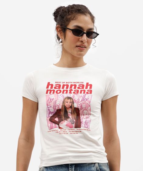 blusa baby look feminina de algodão manga curta hannah montana off white