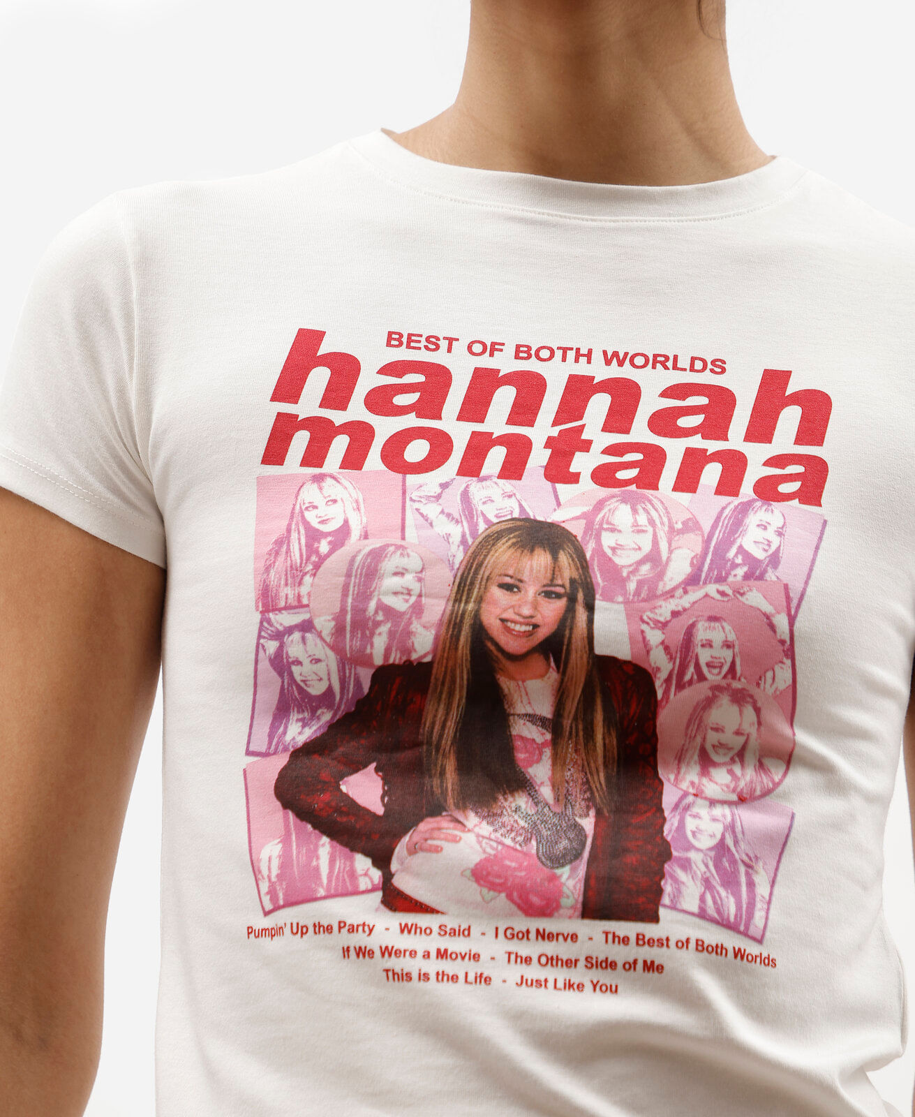 blusa baby look feminina de algodão manga curta hannah montana off white