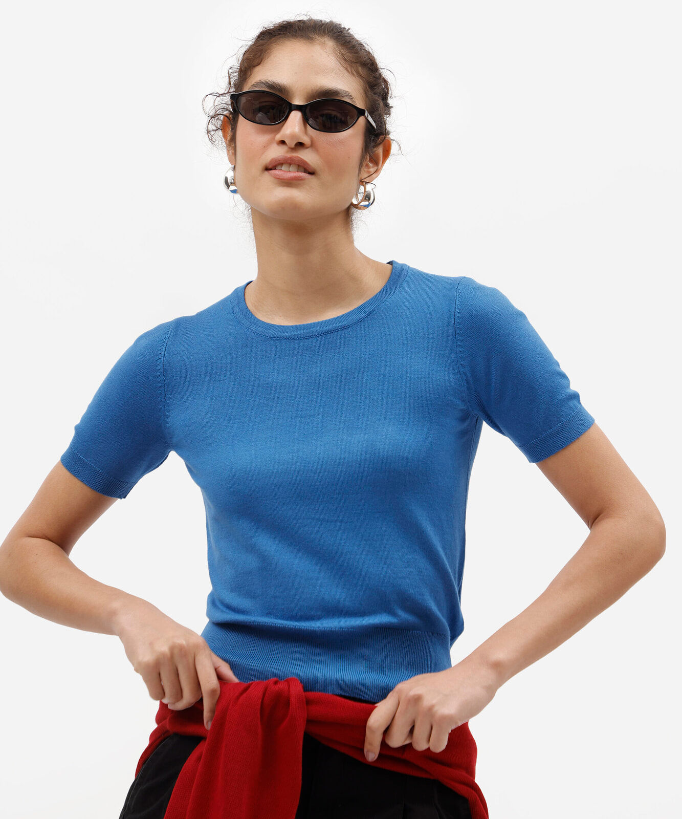 blusa cropped feminina de tricot manga curta azul