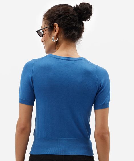 blusa cropped feminina de tricot manga curta azul