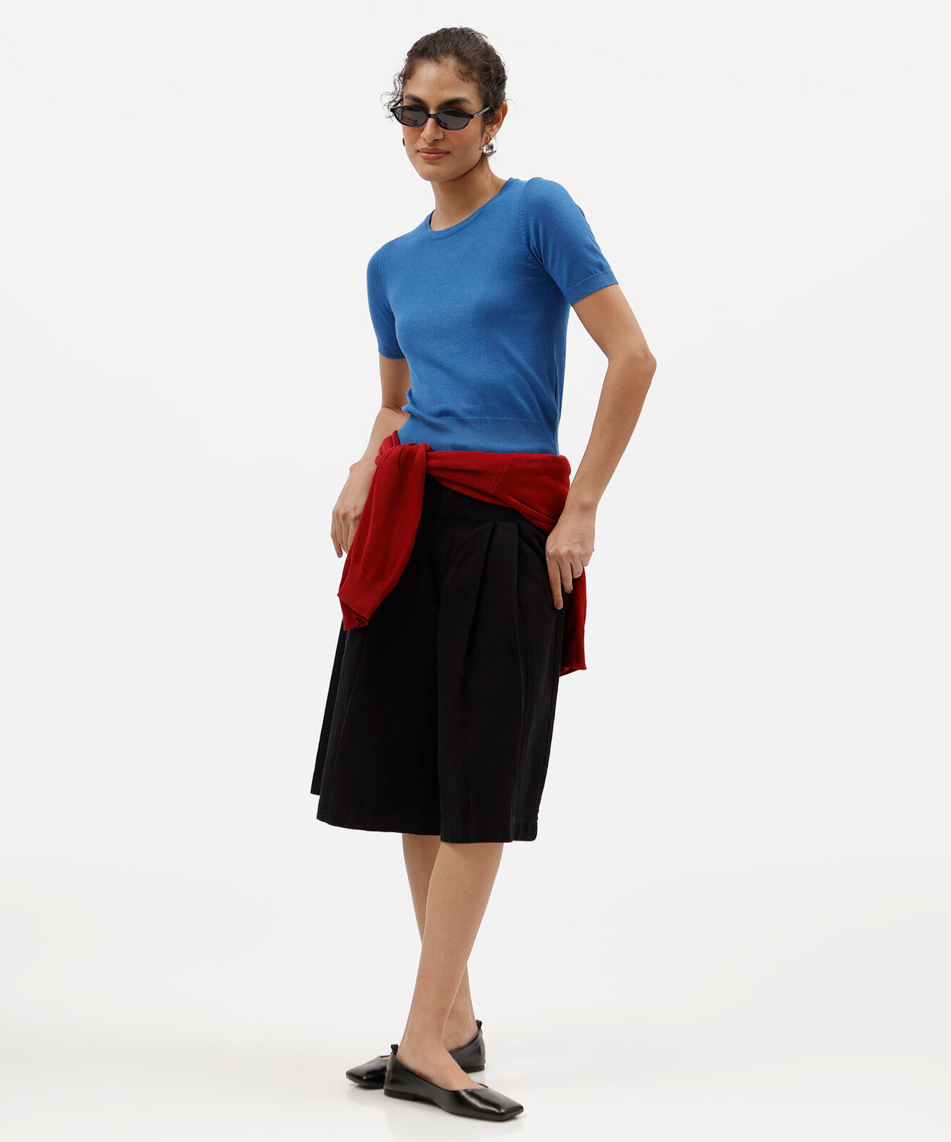 blusa cropped feminina de tricot manga curta azul