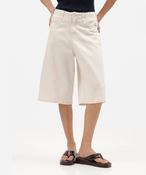 bermuda jorts feminina de sarja cintura alta listrada  bege