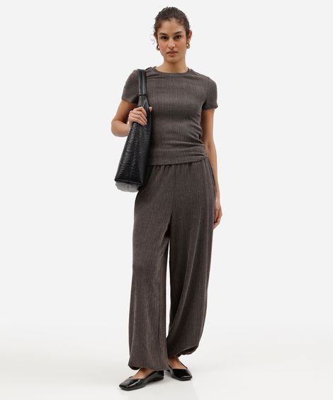 calça balloon feminina cós elástico texturizada marrom