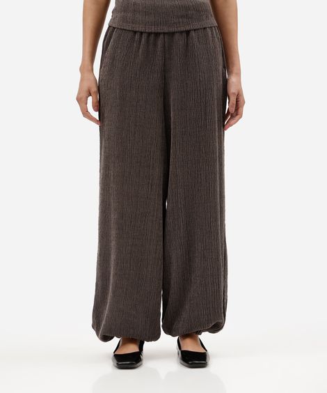 calça balloon feminina cós elástico texturizada marrom