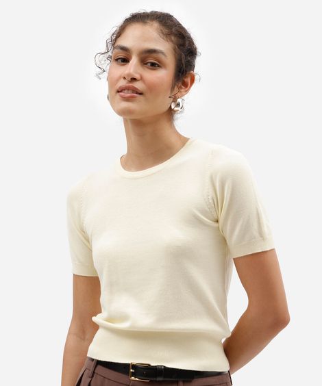 blusa cropped feminina de tricot manga curta amarela