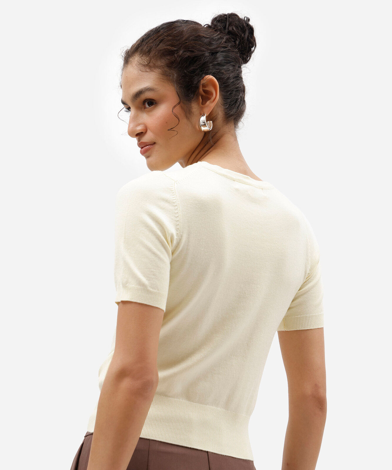 blusa cropped feminina de tricot manga curta amarela
