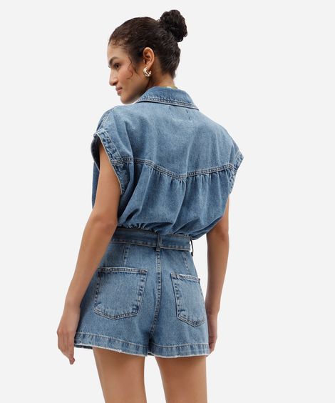 macaquinho feminino jeans com faixa azul