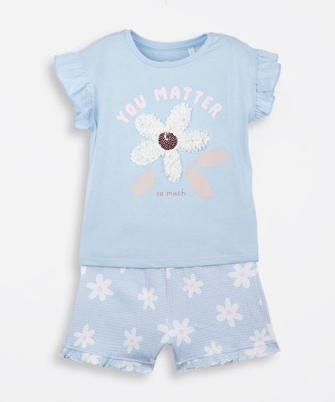 conjunto curto infantil texturizado margarida azul