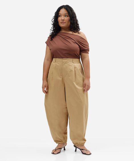 calça aladim feminina com algodão e pregas cós elástico plus size bege