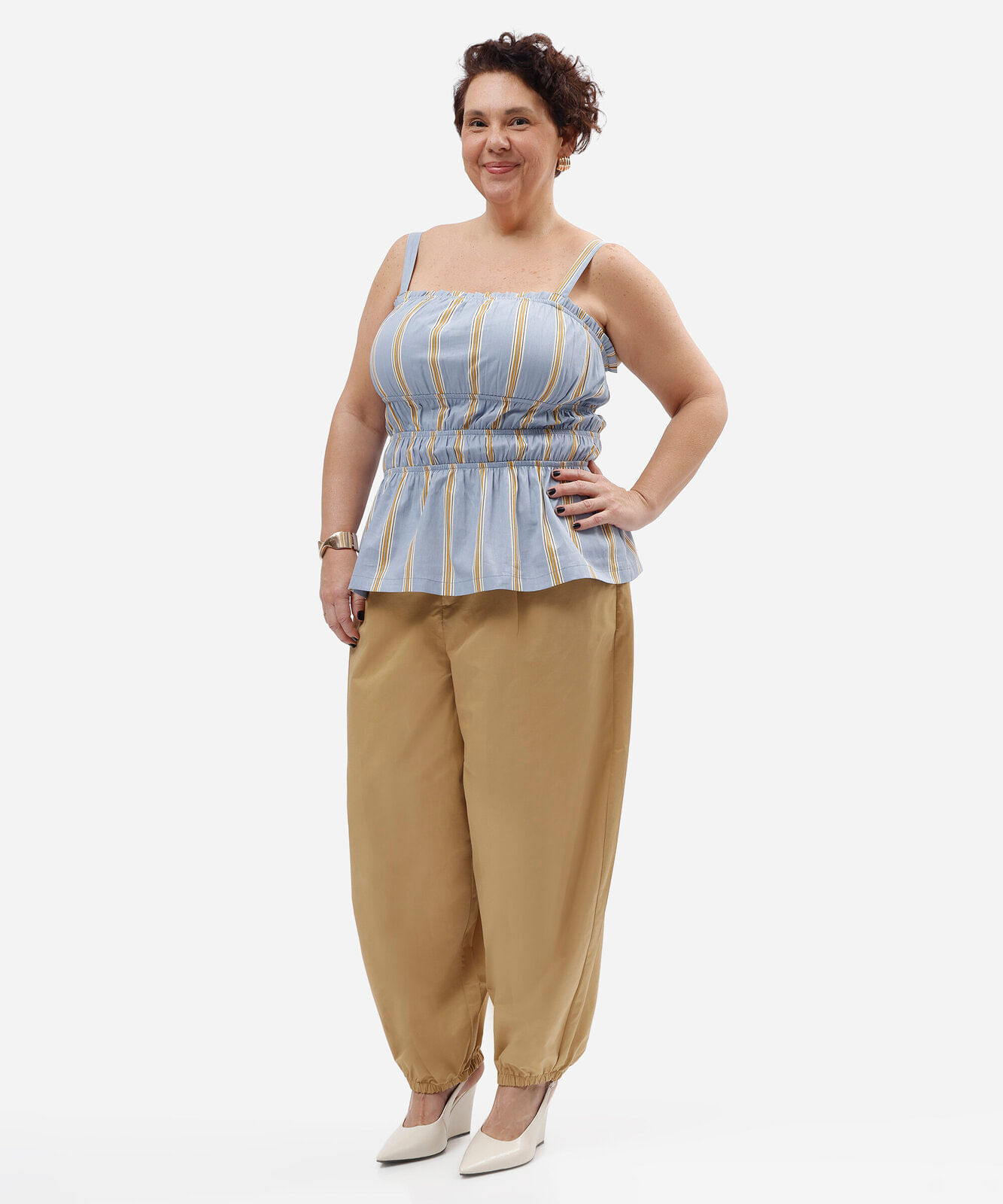 calça aladim feminina com algodão e pregas cós elástico plus size bege