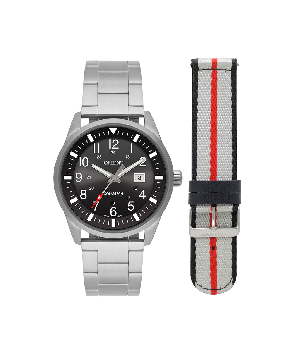 kit relógio masculino orient solartech analógico calendário mbss1451 p2sx prateado