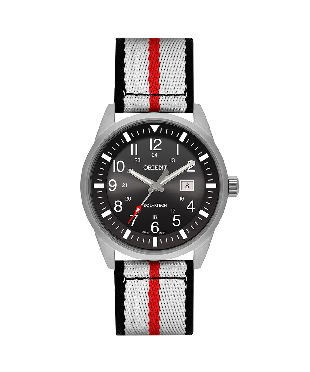 kit relógio masculino orient solartech analógico calendário mbss1451 p2sx prateado