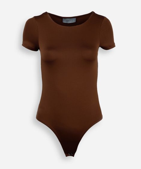 body feminino decote redondo manga curta marrom