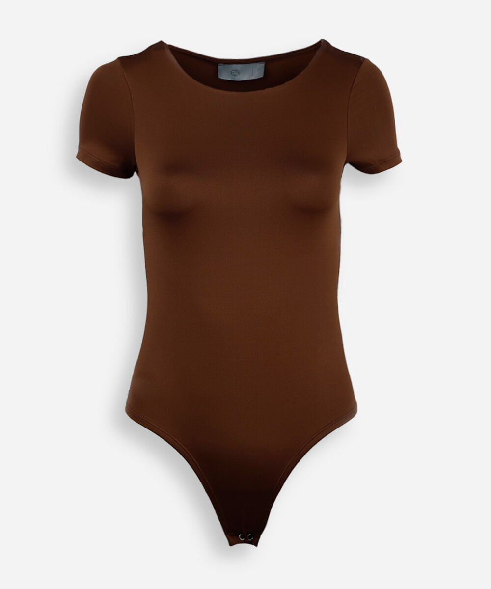 body feminino decote redondo manga curta marrom