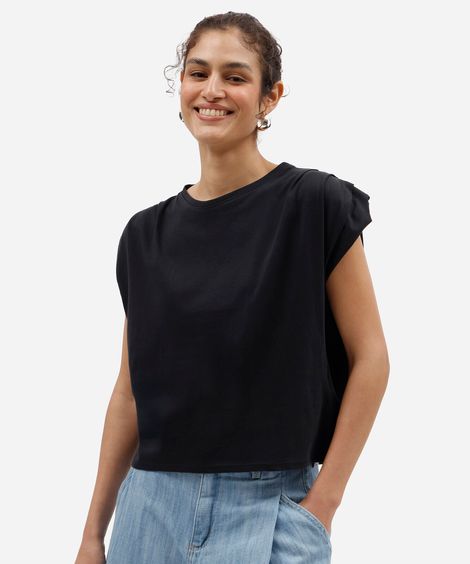 blusa feminina de algodão manga curta com pregas preta