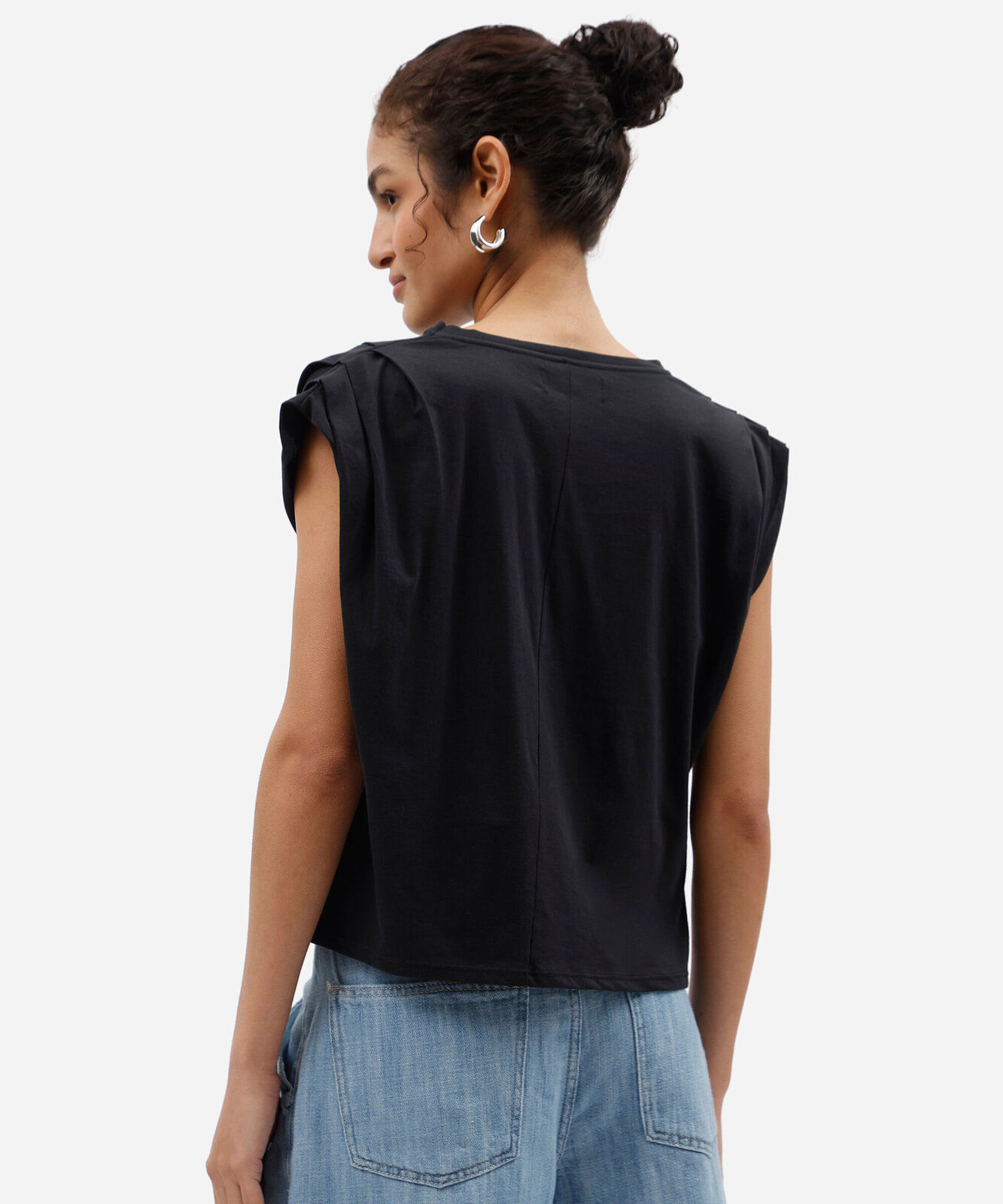 blusa feminina de algodão manga curta com pregas preta