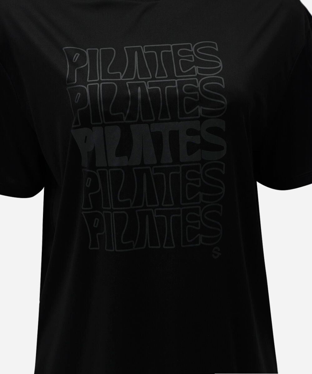 camiseta esportiva feminina manga curta estampada pilates preta