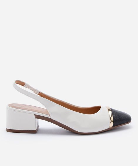 scarpin slingback feminino salto grosso bico contrastante off white
