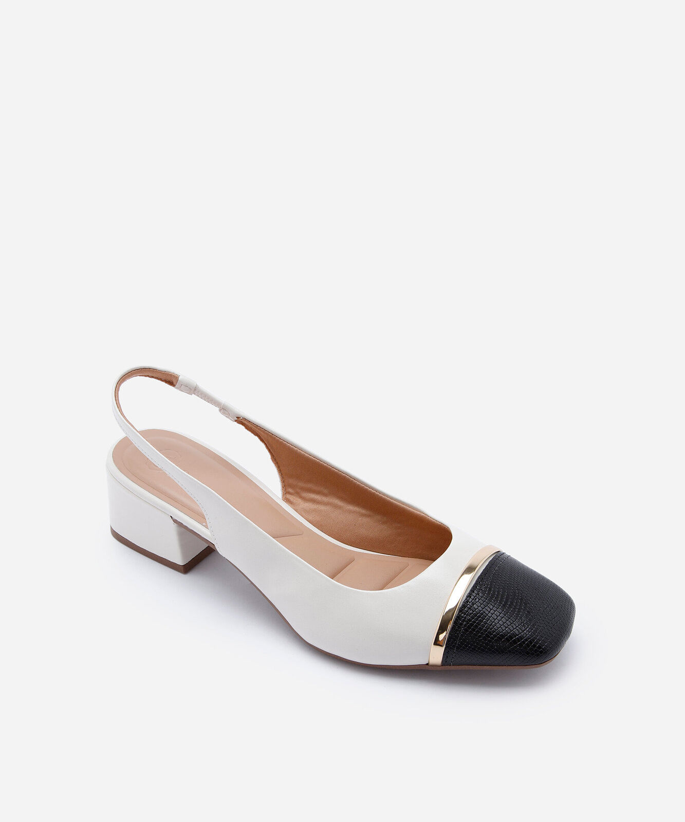 scarpin slingback feminino salto grosso bico contrastante off white