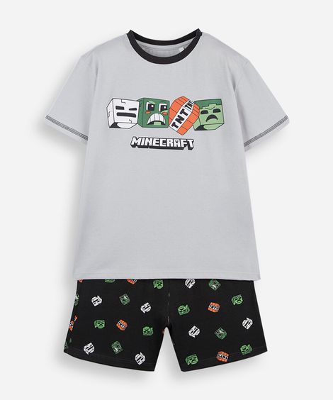 pijama curto infantil de algodão minecraft cinza
