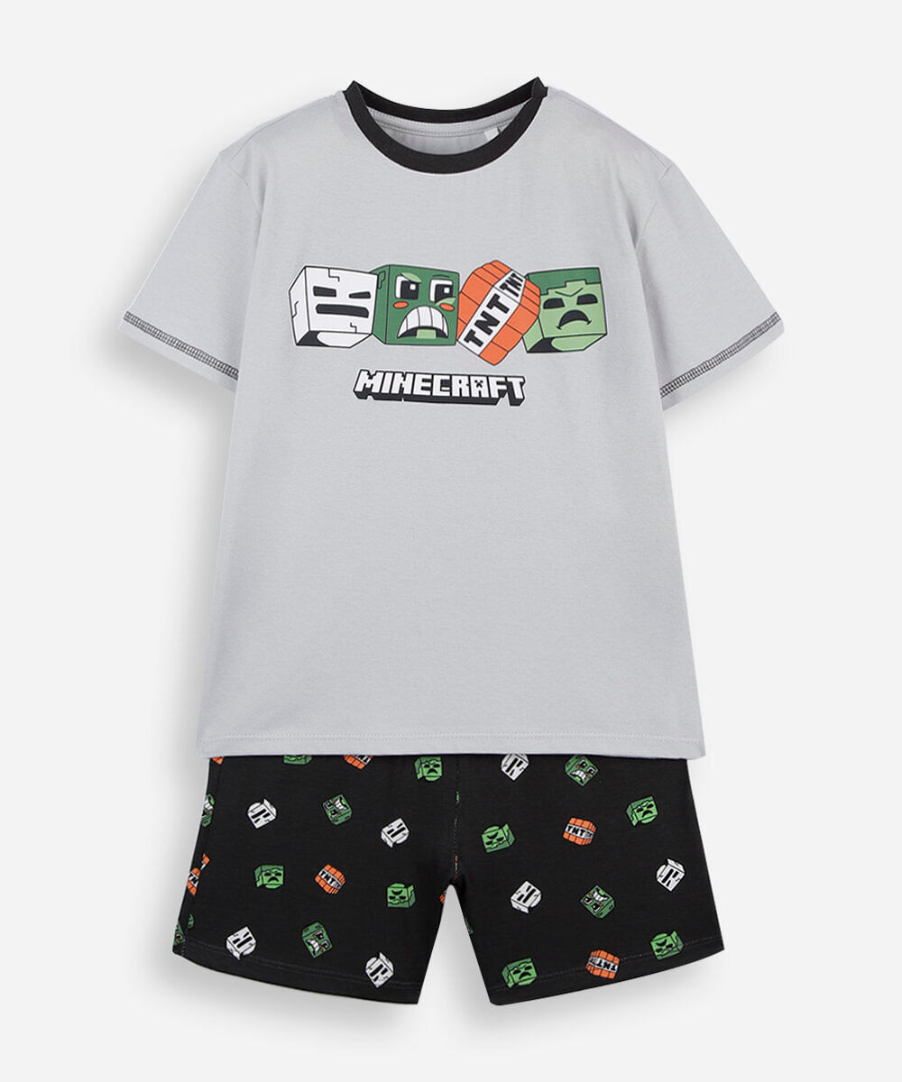 pijama curto infantil de algodão minecraft cinza