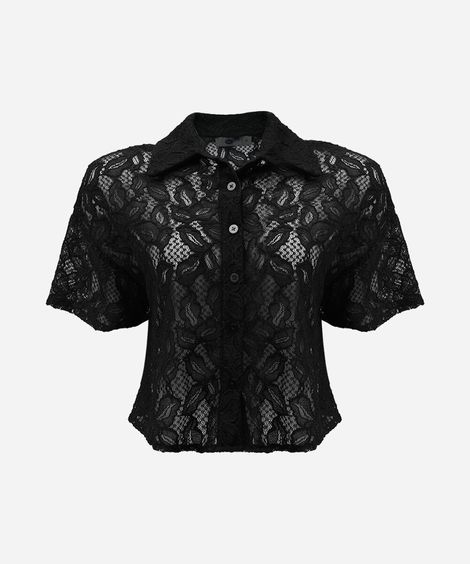 camisa cropped feminina de renda manga curta floral preta