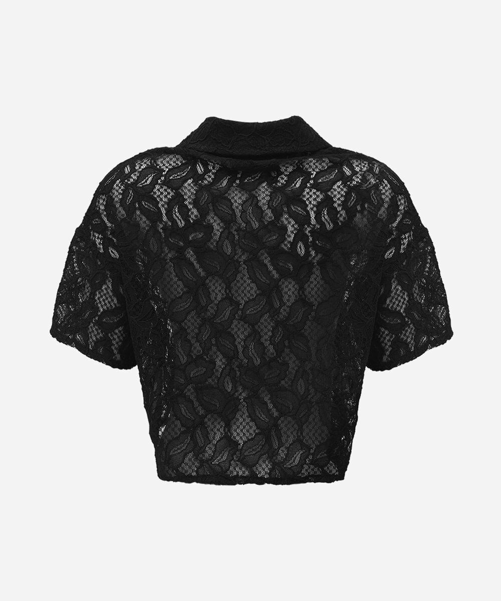 camisa cropped feminina de renda manga curta floral preta