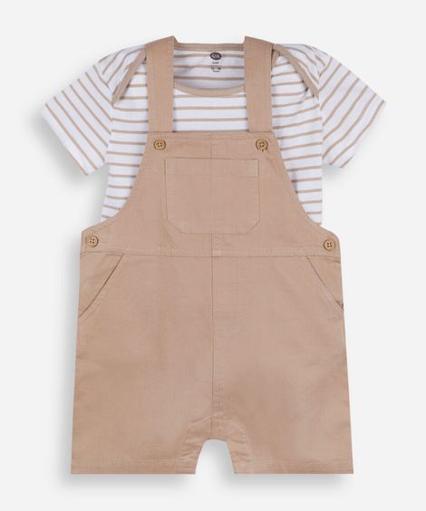 jardineira infantil de sarja com camiseta listrada marrom