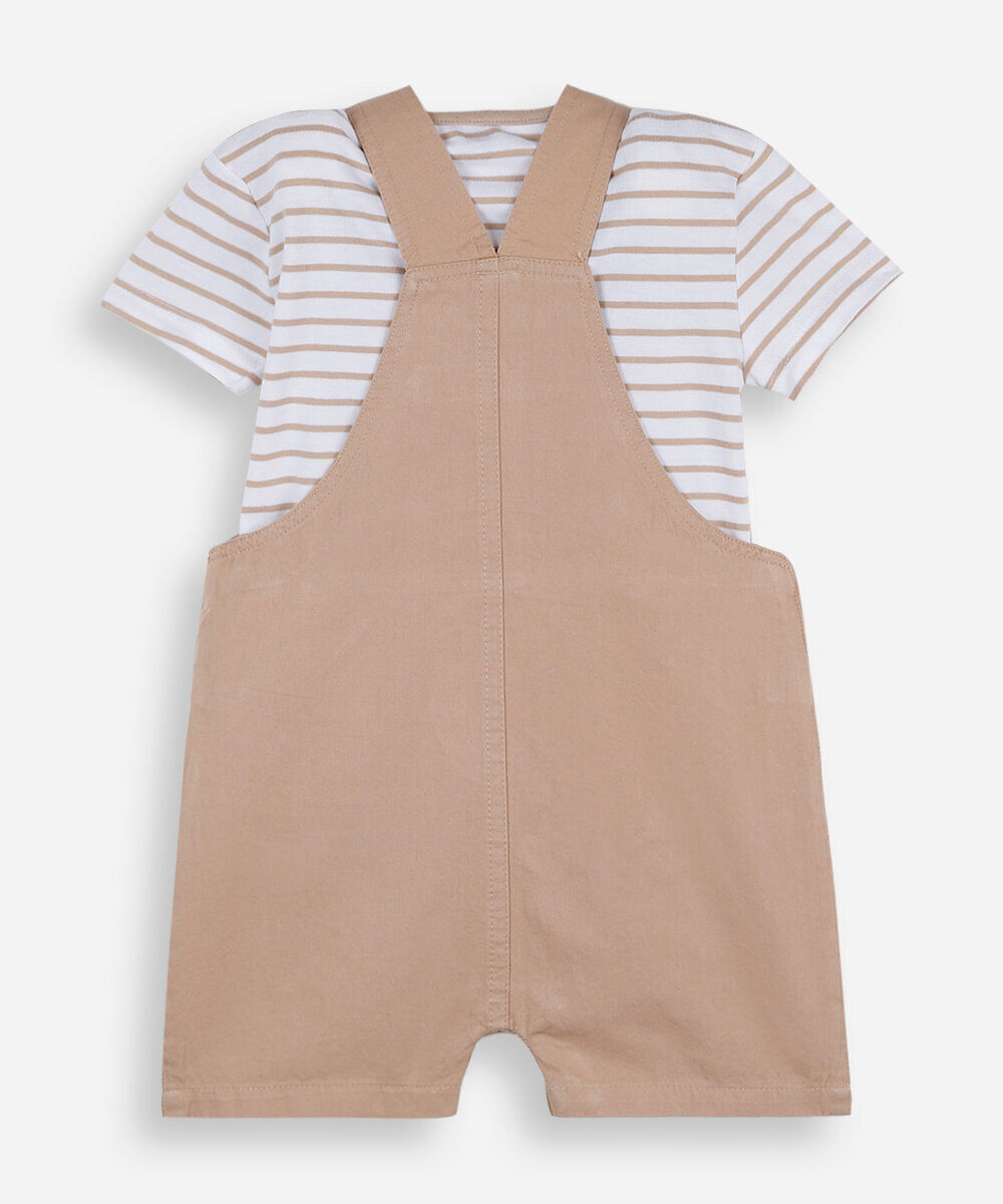jardineira infantil de sarja com camiseta listrada marrom