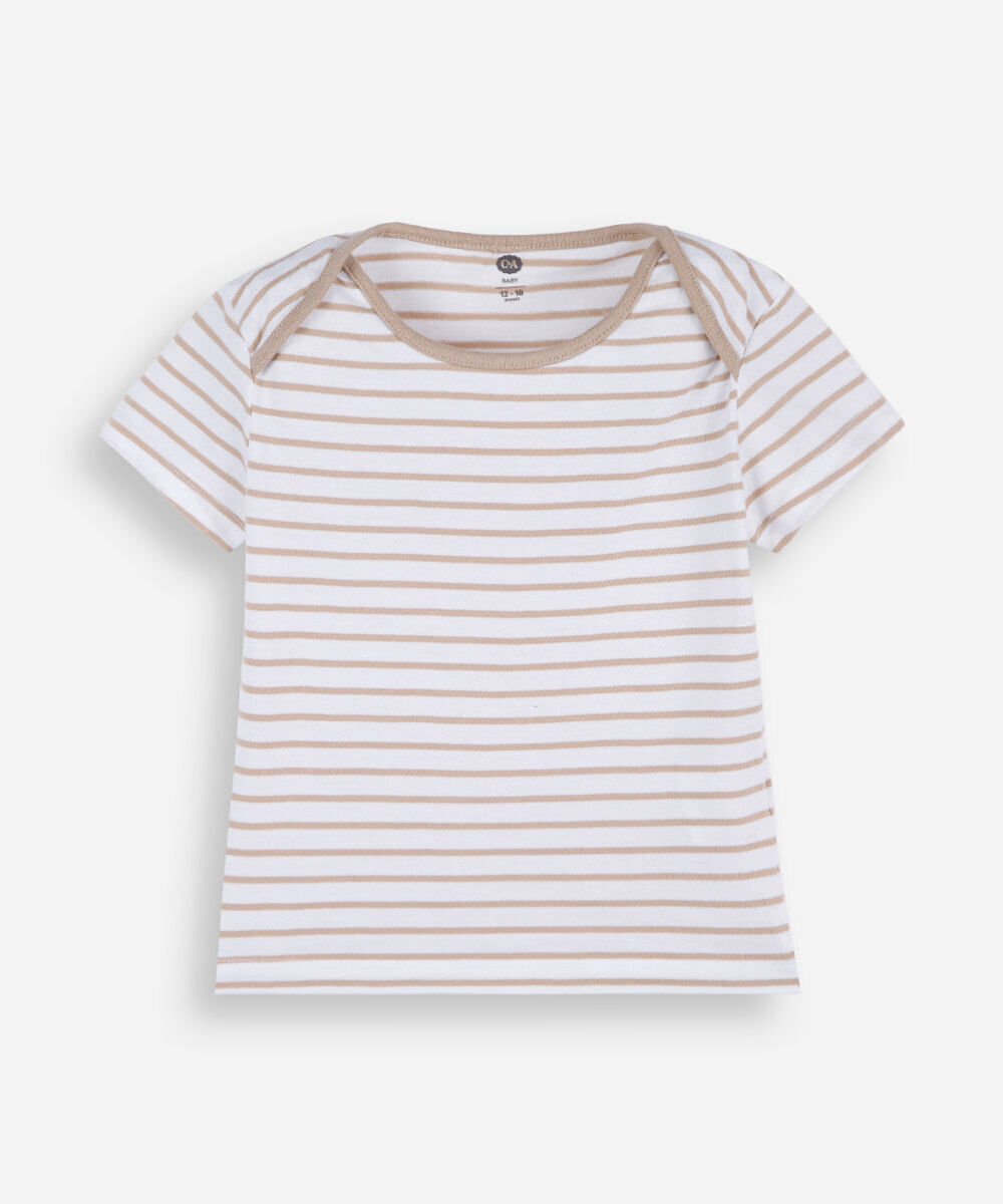 jardineira infantil de sarja com camiseta listrada marrom