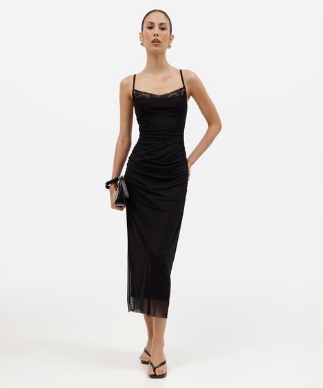 vestido midi alça fina de tule com renda franzido preto