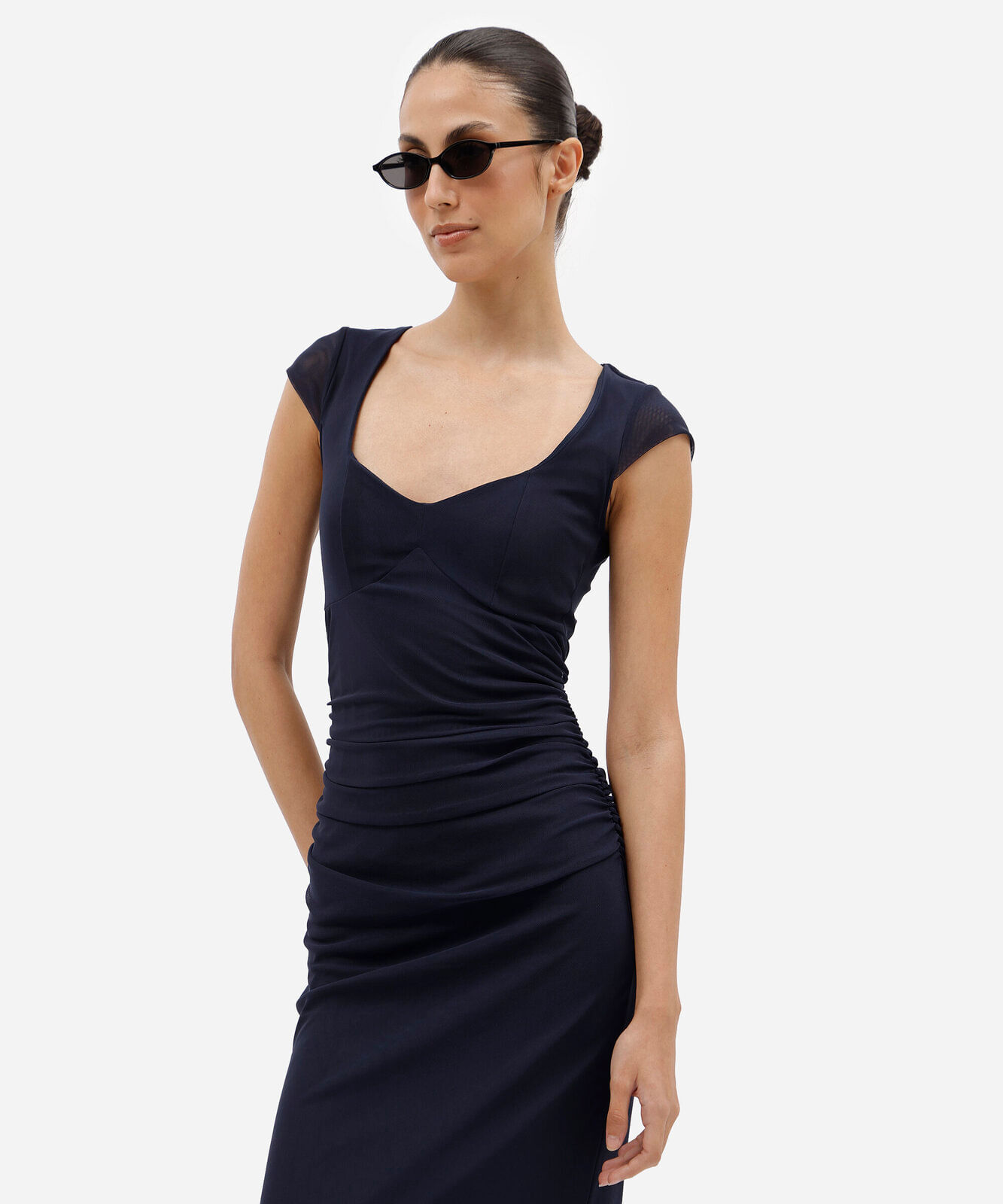 vestido midi feminino de tule manga curta franzido azul