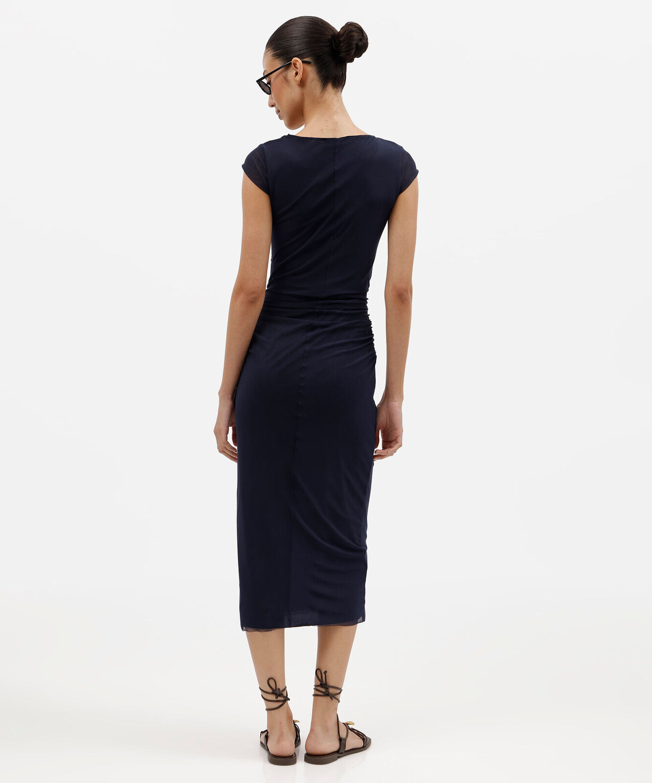 vestido midi feminino de tule manga curta franzido azul