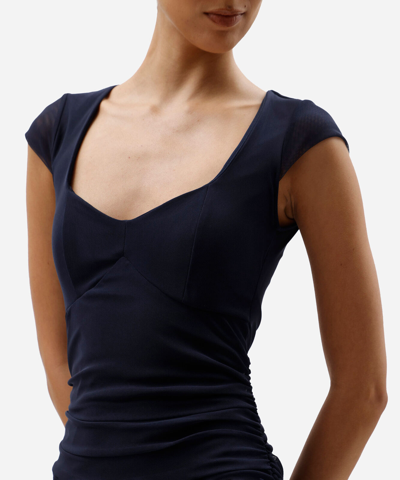 vestido midi feminino de tule manga curta franzido azul