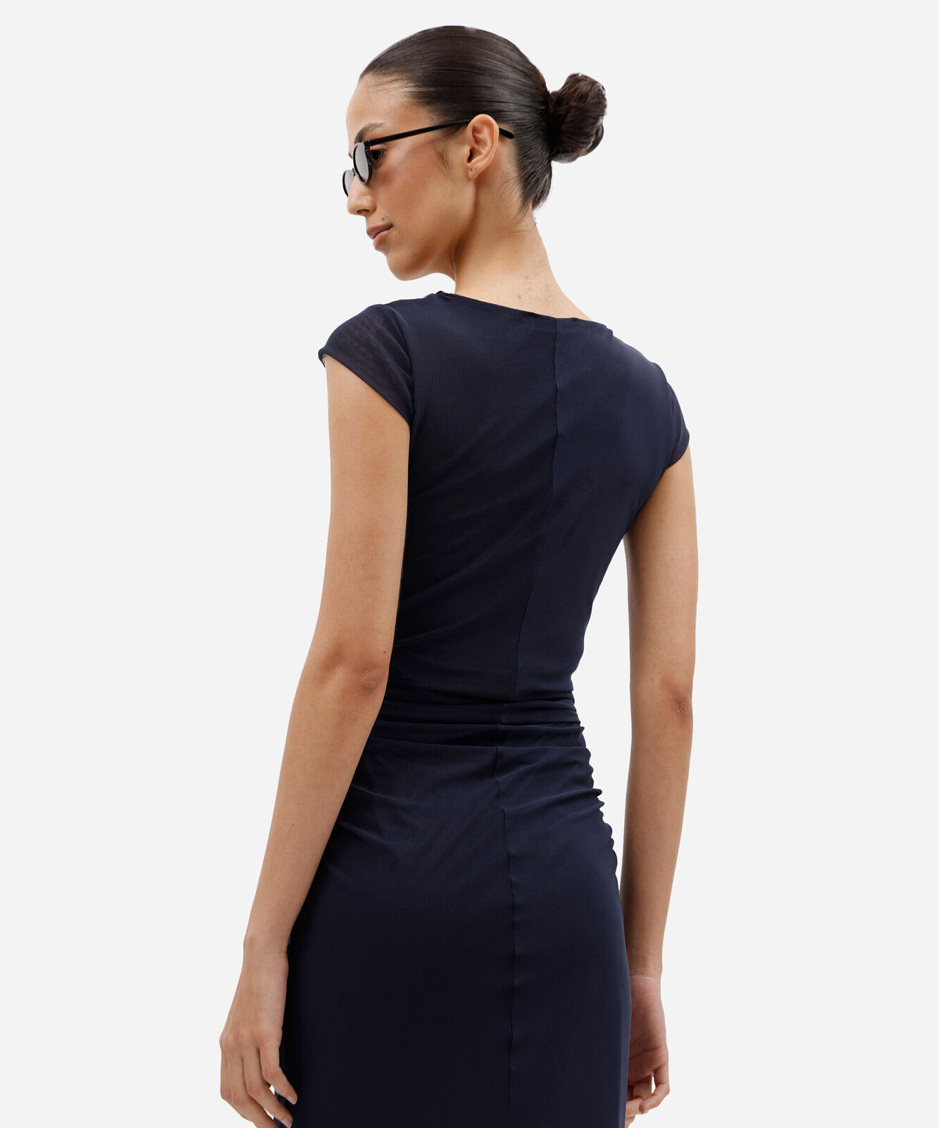 vestido midi feminino de tule manga curta franzido azul