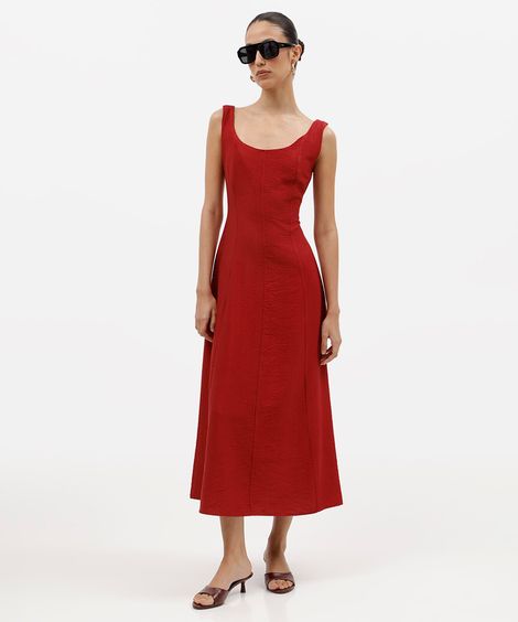vestido midi feminino com viscose e recortes decote redondo vermelho