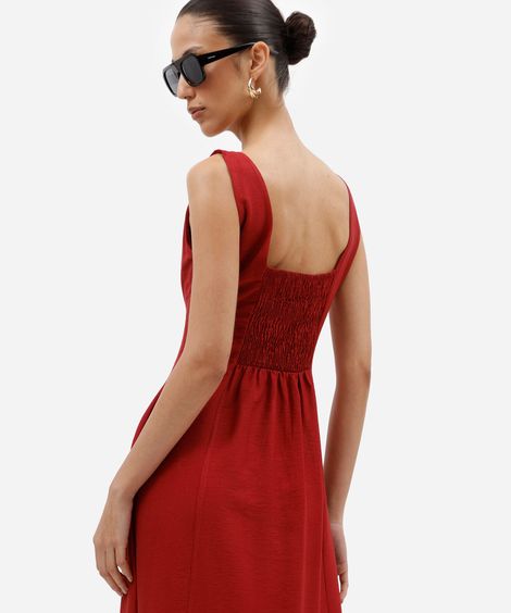 vestido midi feminino com viscose e recortes decote redondo vermelho