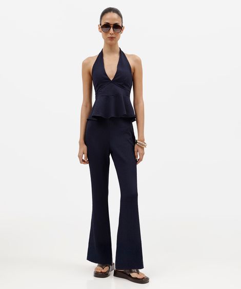 calça flare feminina cós elástico  texturizada azul