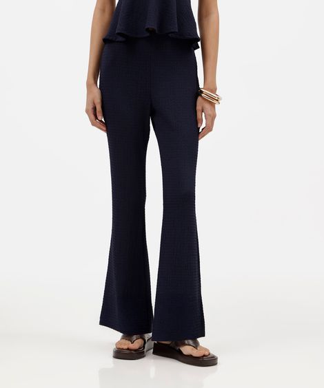 calça flare feminina cós elástico  texturizada azul