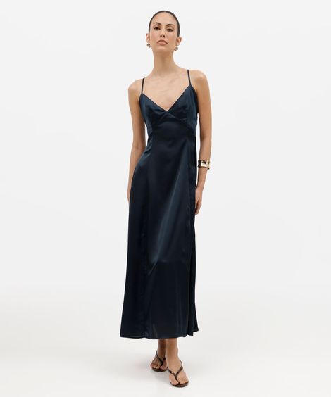 vestido midi slip dress feminino alça fina acetinado azul