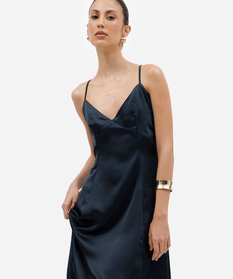 vestido midi slip dress feminino alça fina acetinado azul