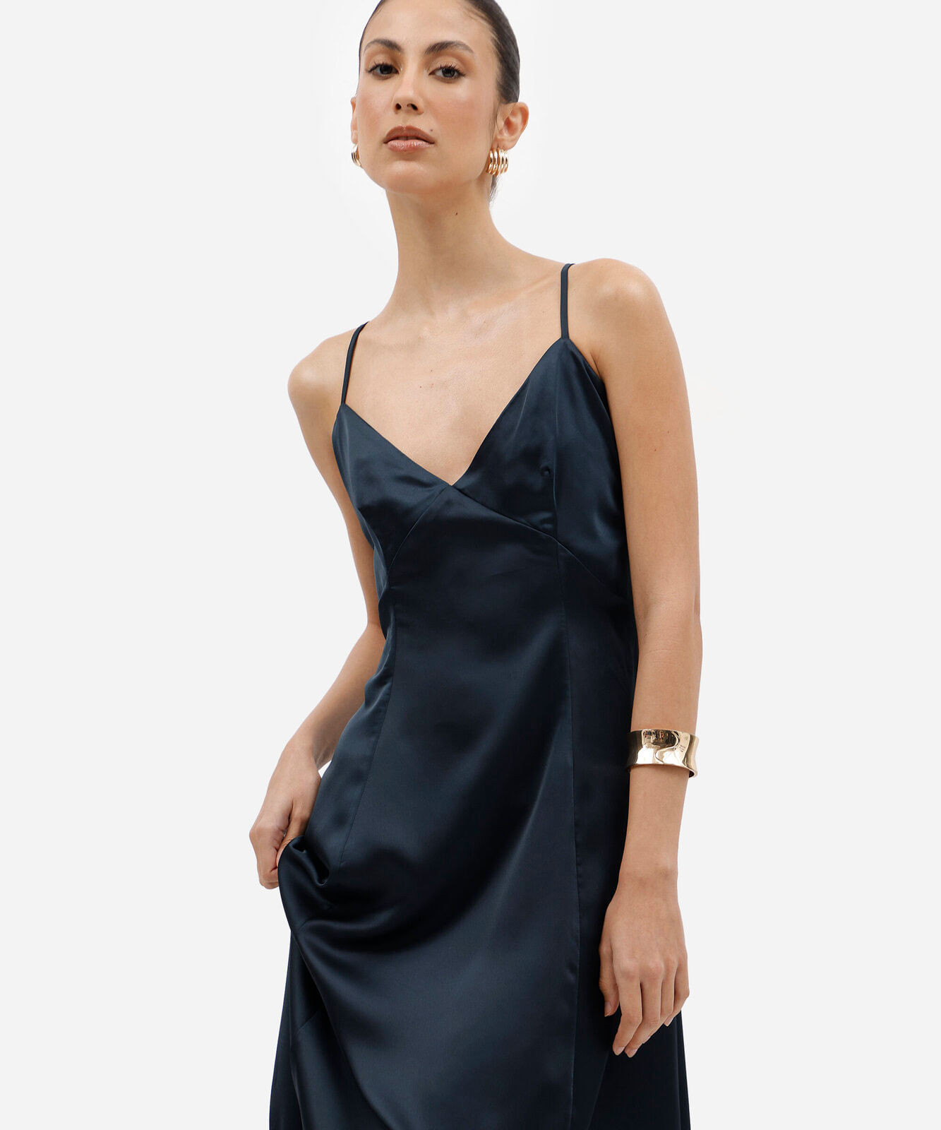 vestido midi slip dress feminino alça fina acetinado azul