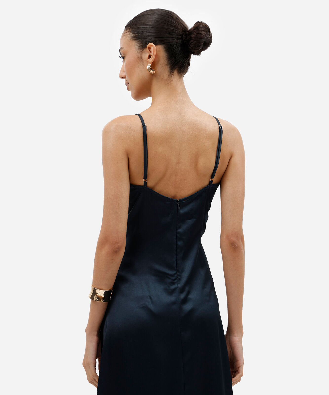 vestido midi slip dress feminino alça fina acetinado azul