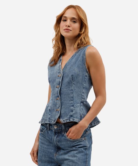colete feminino jeans decote v azul