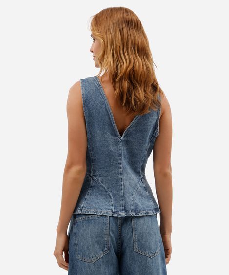 colete feminino jeans decote v azul