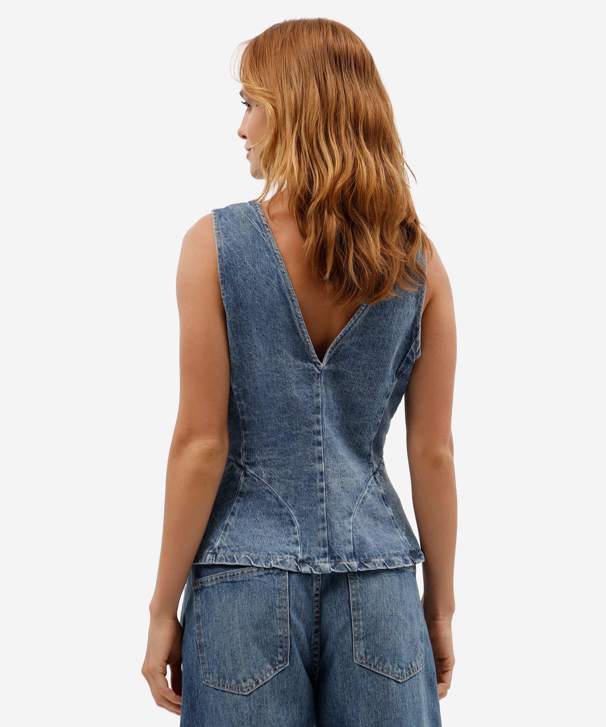 colete feminino jeans decote v azul