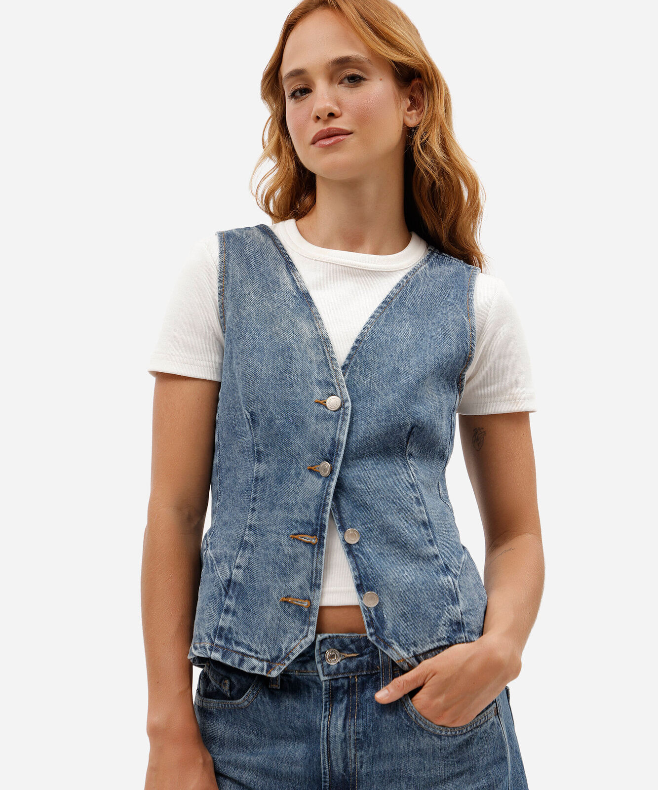 colete feminino jeans decote v azul