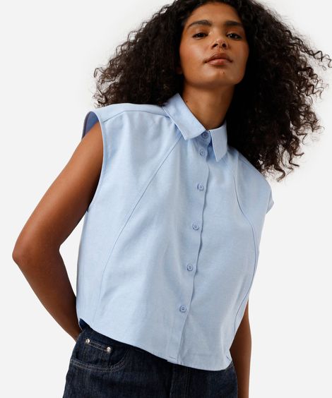 camisa feminina com algodão e recortes azul