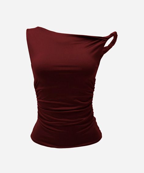 blusa feminina assimétrica franzida vinho